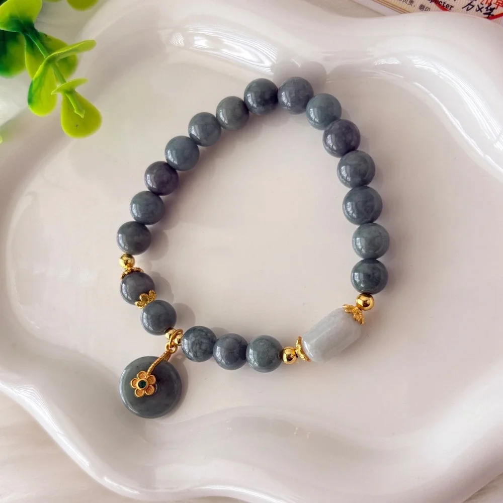 Authentic Jadeite Beaded Bracelet with Jade Donut & Flower Charm 23.31g